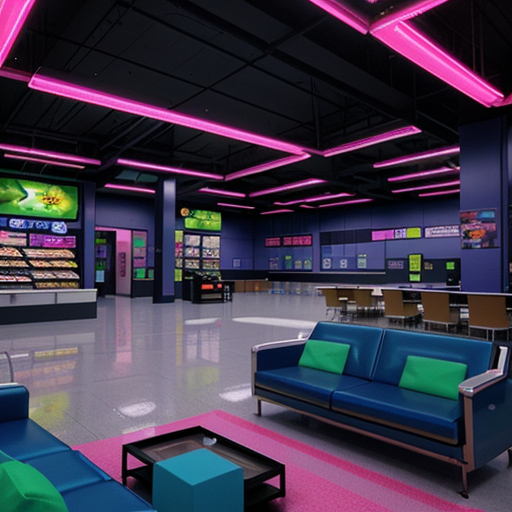 A sprawling, futuristic walmart campus bathed in neon light, suggesting ambition and technological dominance.